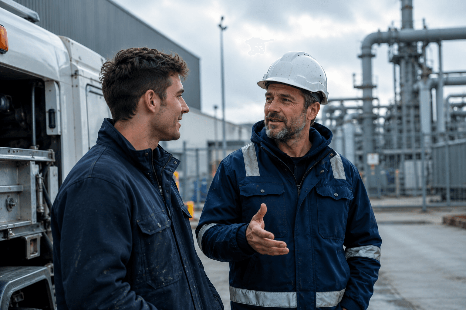 Service engineer in conversation with a manager in front of a technical installation — craftsmanship made visible in the field.