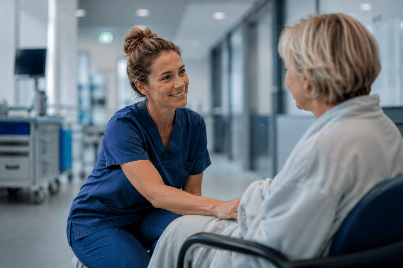 Nurse in conversation with a patient in a hospital room — a moment of human attention.